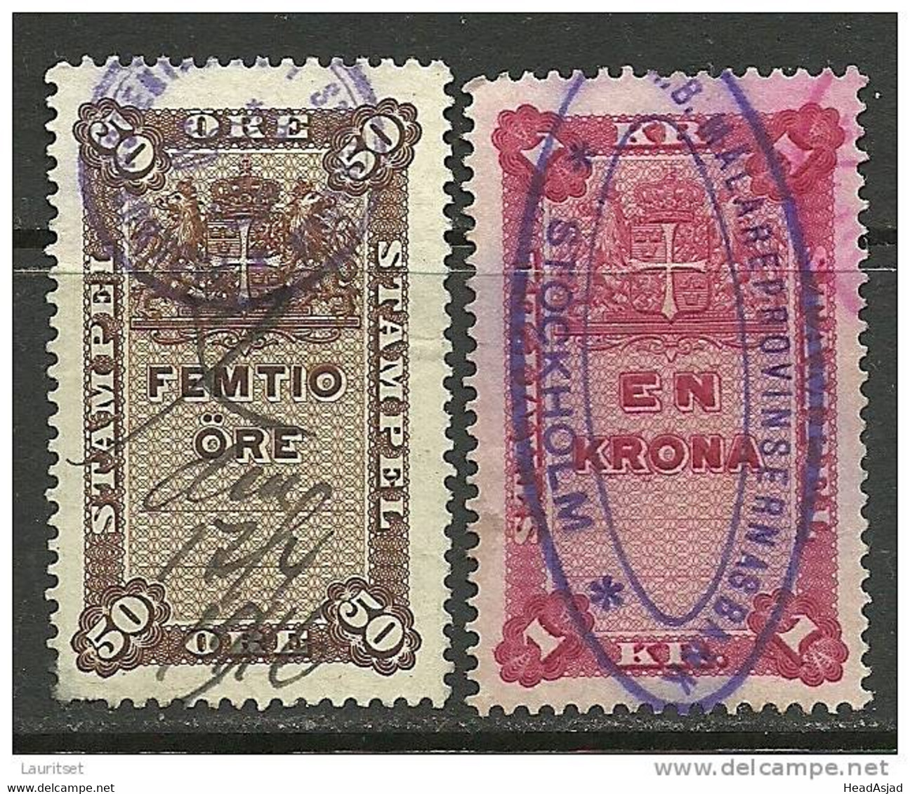 SCHWEDEN Sverige Sweden Stempelmarken Revenue Tax Stamps 50 öre & En Krona 1915/1916 - Steuermarken