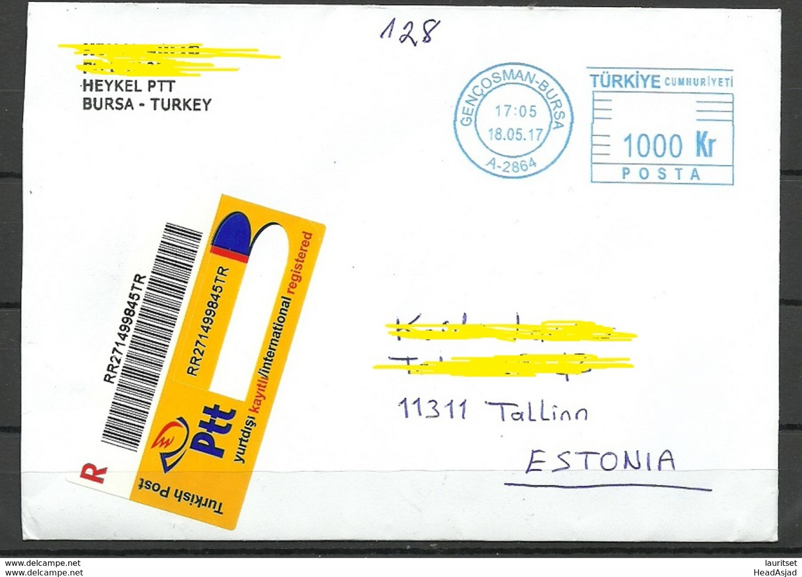 TURKEY Türkei Registered Air Mail Cover To Estland Estonia 2017 - Cartas & Documentos