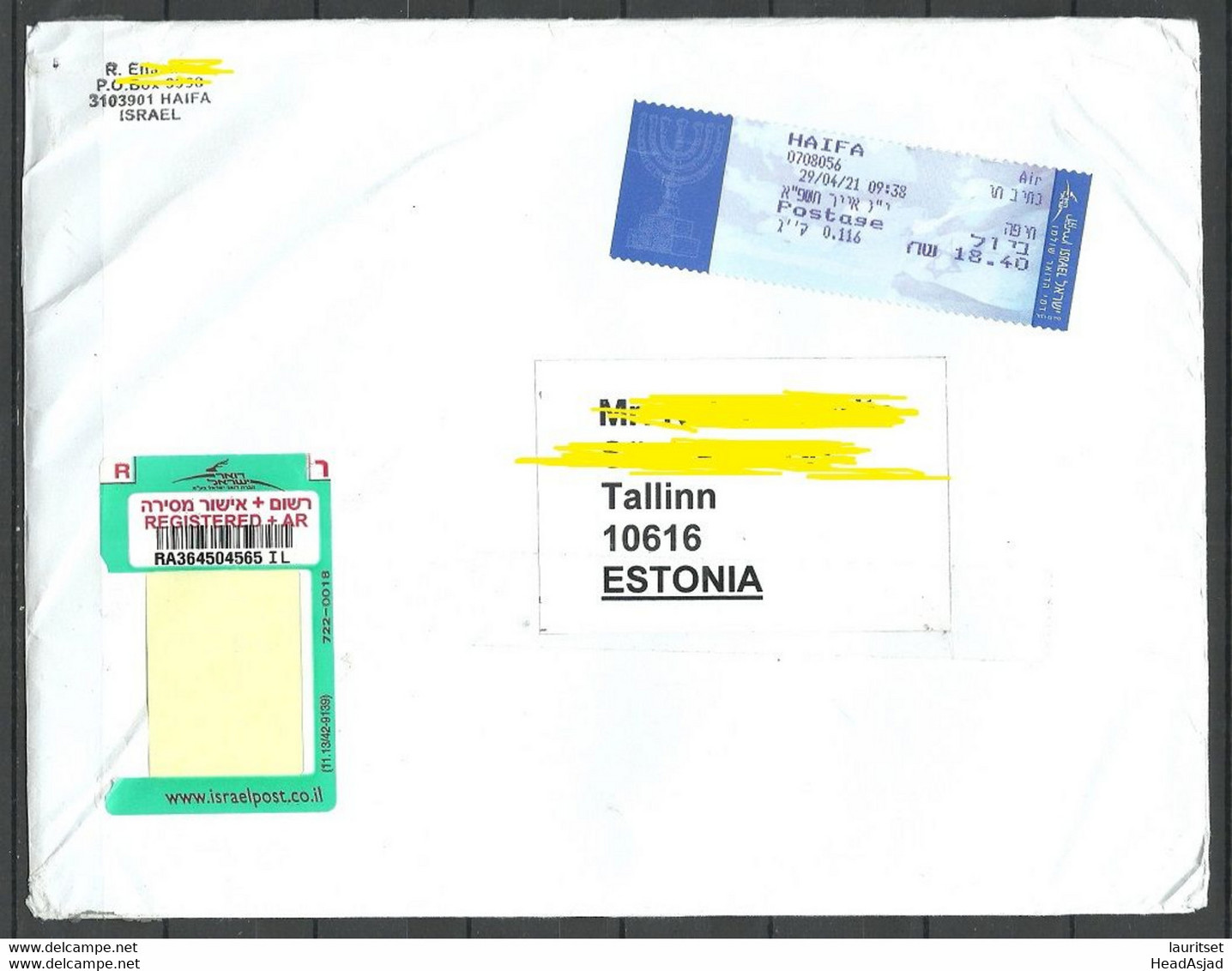 ISRAEL 2021 Registered Cover Haifa To Estonia - Briefe U. Dokumente