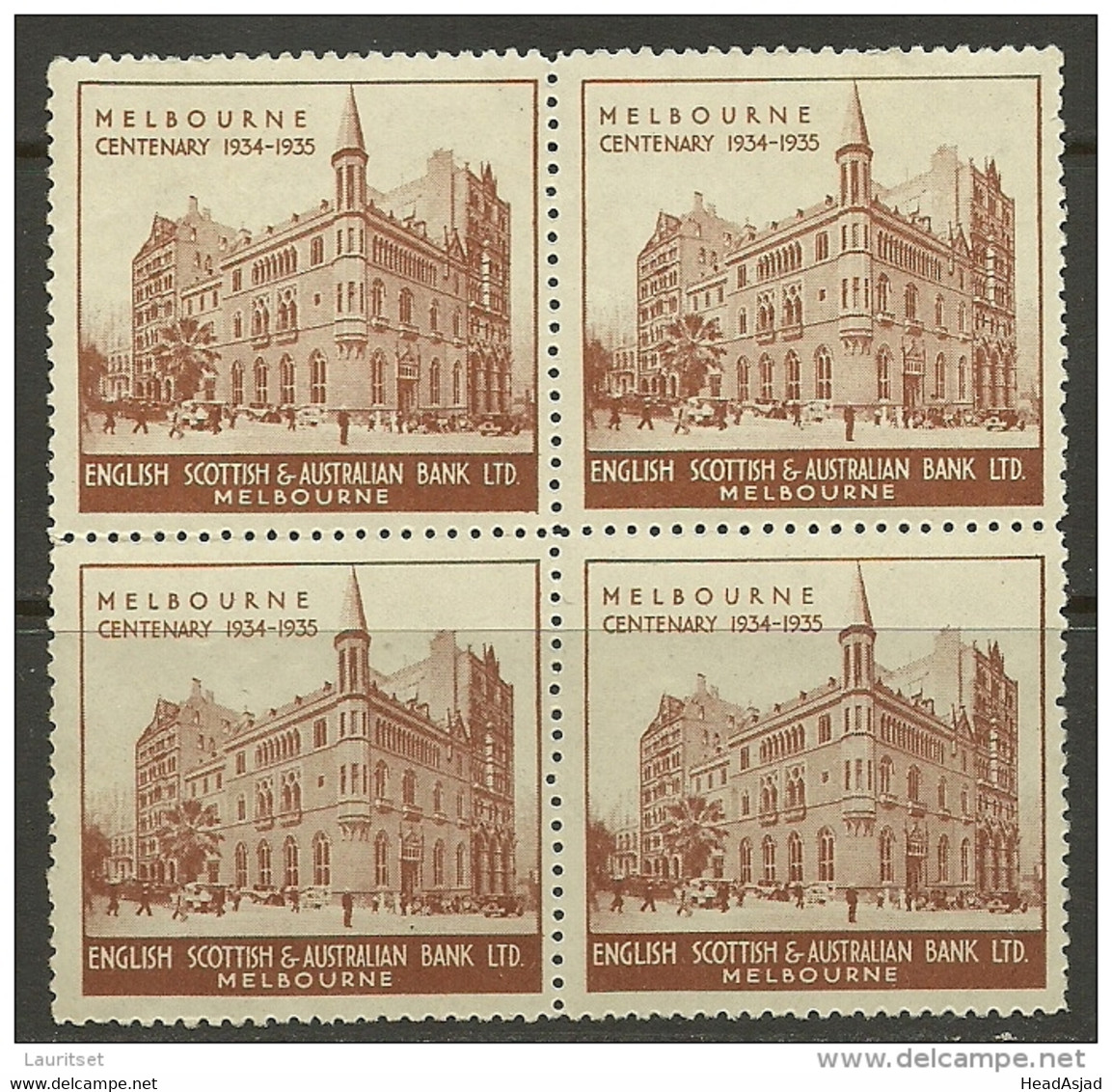 AUSTRALIA AUSTRALIEN 1936 Melbourne Bank House Poster Stamp As 4-block MNH - Nuevos