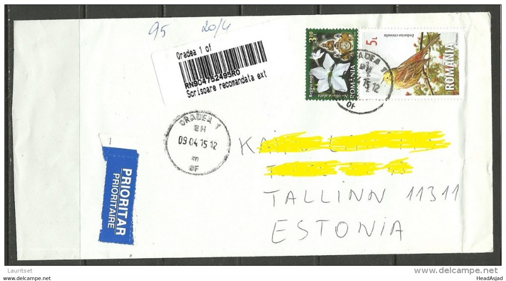 ROMANIA Rumänien 2015 Registered Air Mail Letter To Estonia Estland Vogel Blume - Cartas & Documentos