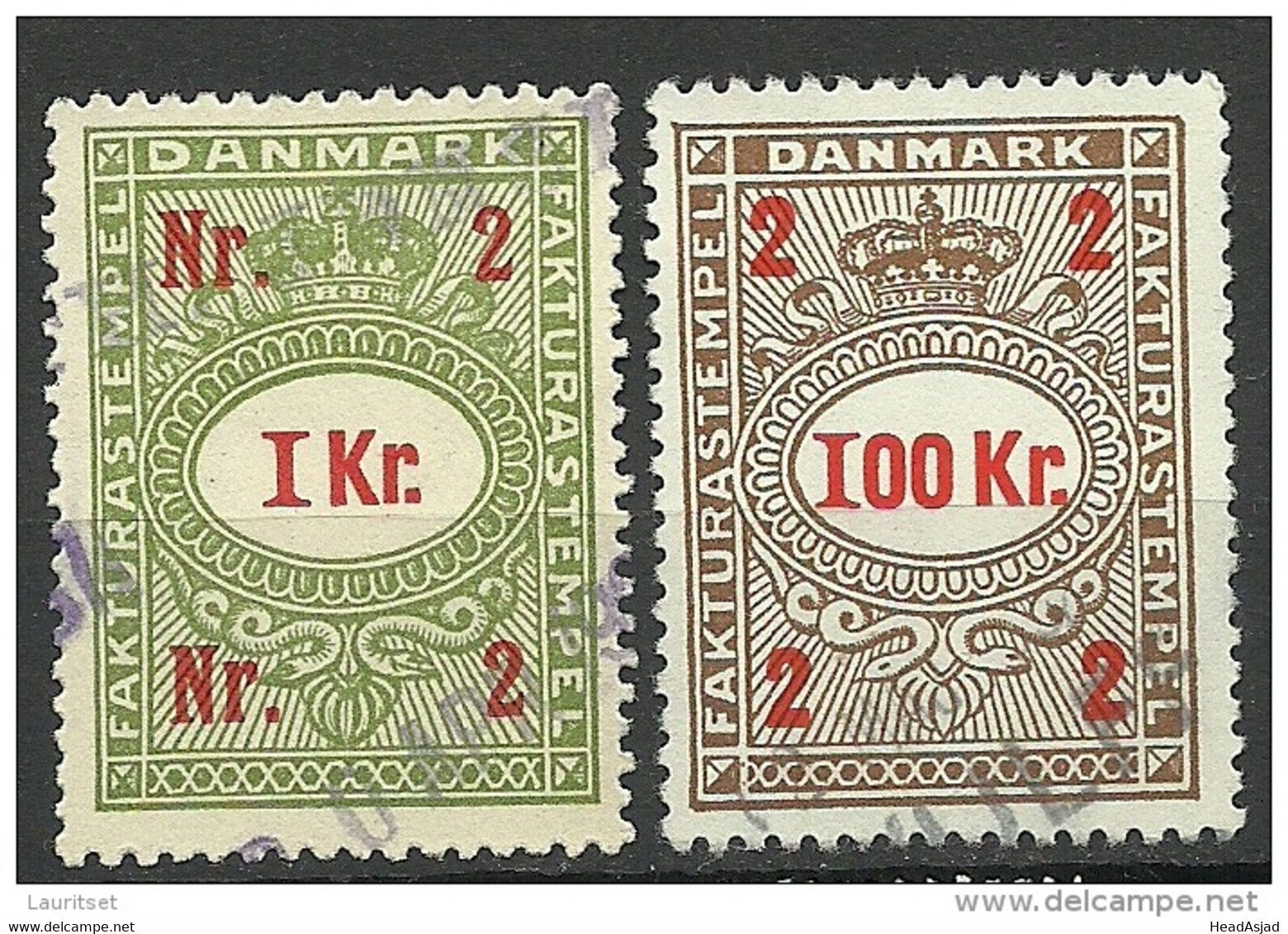 DENMARK Dänemark 1 Kr & 100 Kr Fakturastempel Tax Steuermarke O - Fiscale Zegels