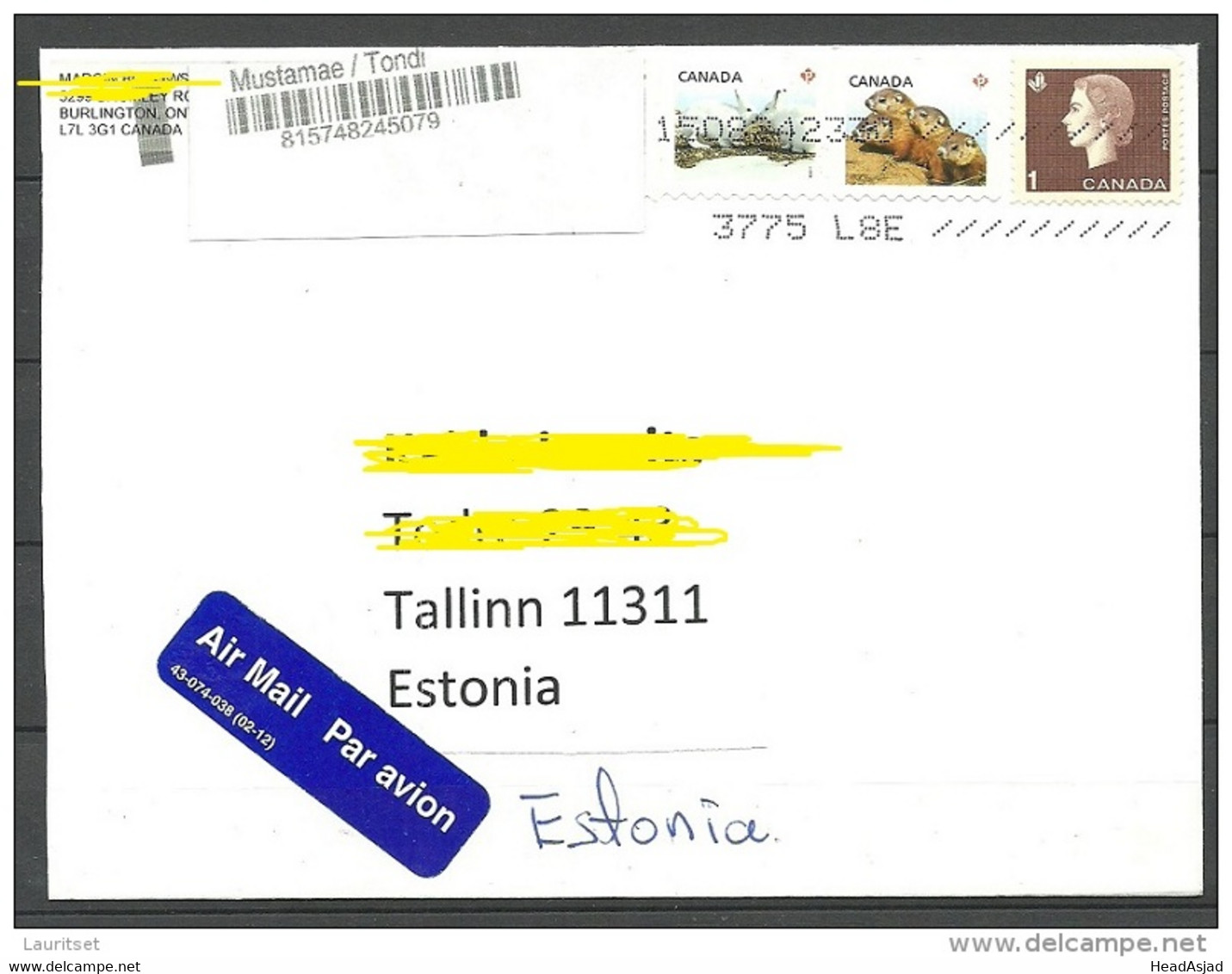 KANADA Canada 2015 Letter To Estonia Queen Iere Animals Hase Etc - Lettres & Documents