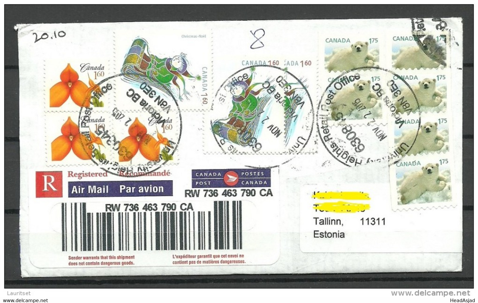 KANADA Canada 2015 Registetred Letter To Estonia - Lettres & Documents