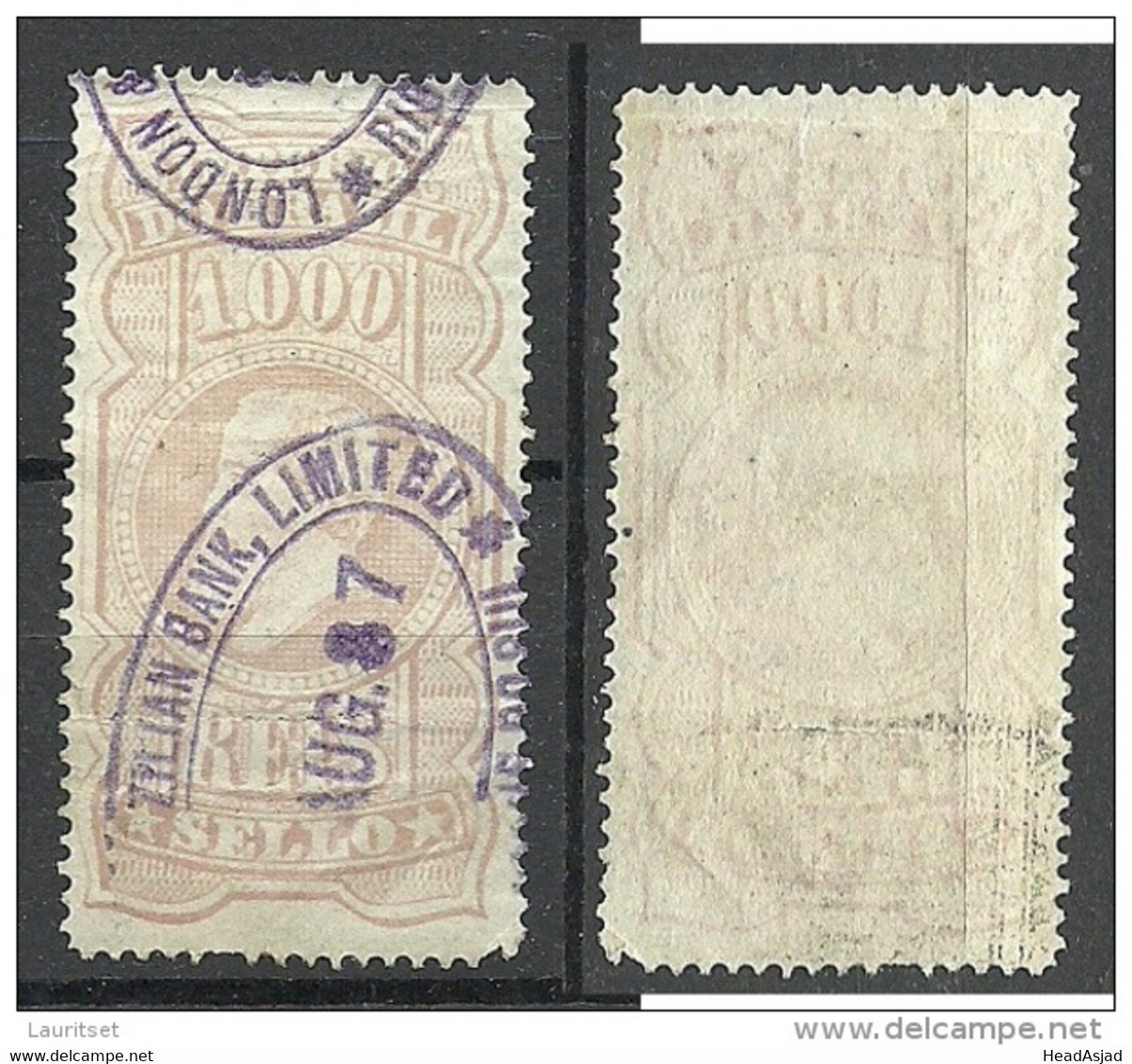 BRAZIL Brazilia Ca 1887 Revenue Tax Fiscal 1000 Reis O - Postage Due