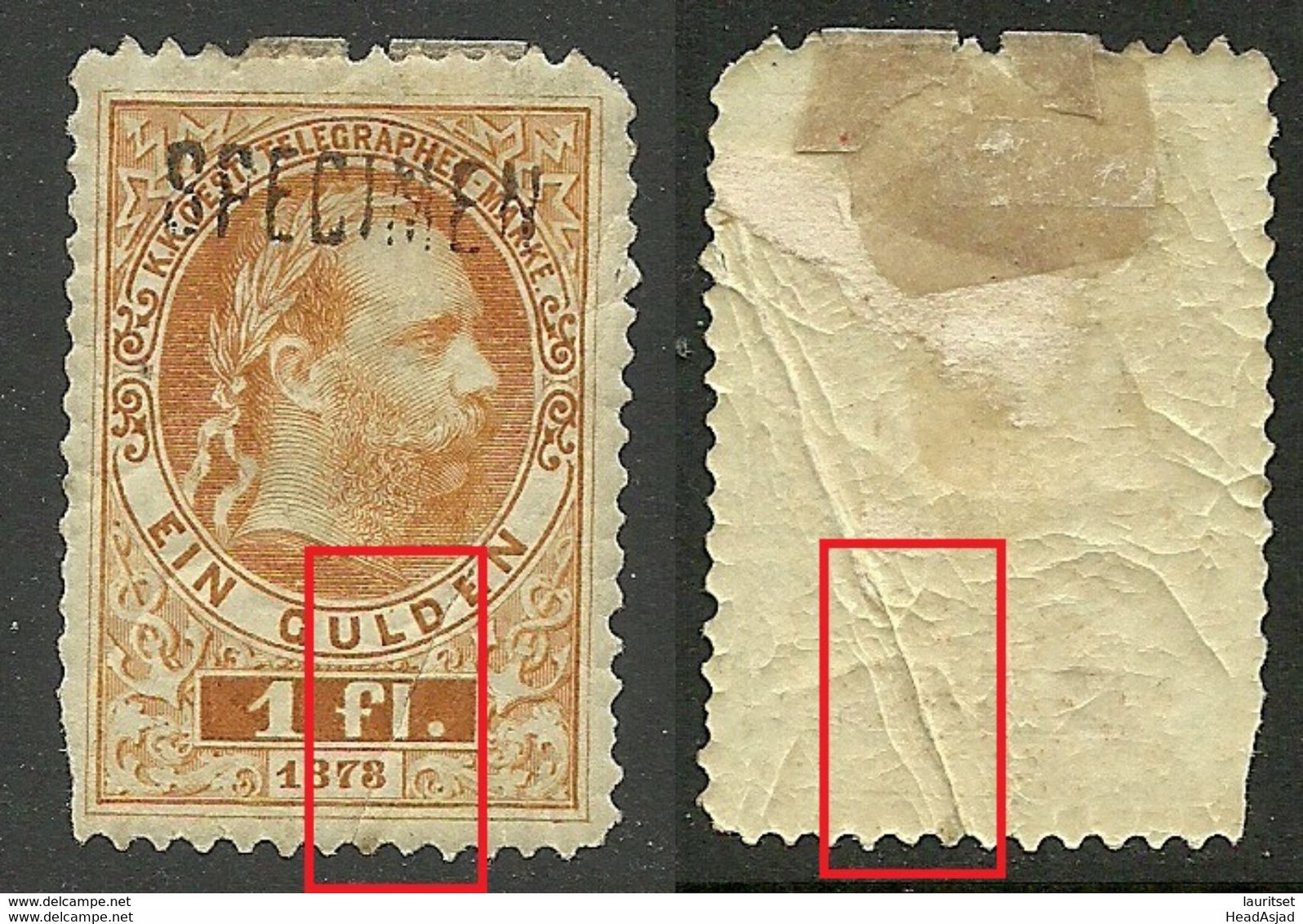 Österreich Austria 1873 Keiser Franz Joseph Telegraphenmarken 1 Fl. Muster Specimen * NB! Einriss! Tear! Defecteus!! - Telegraphenmarken