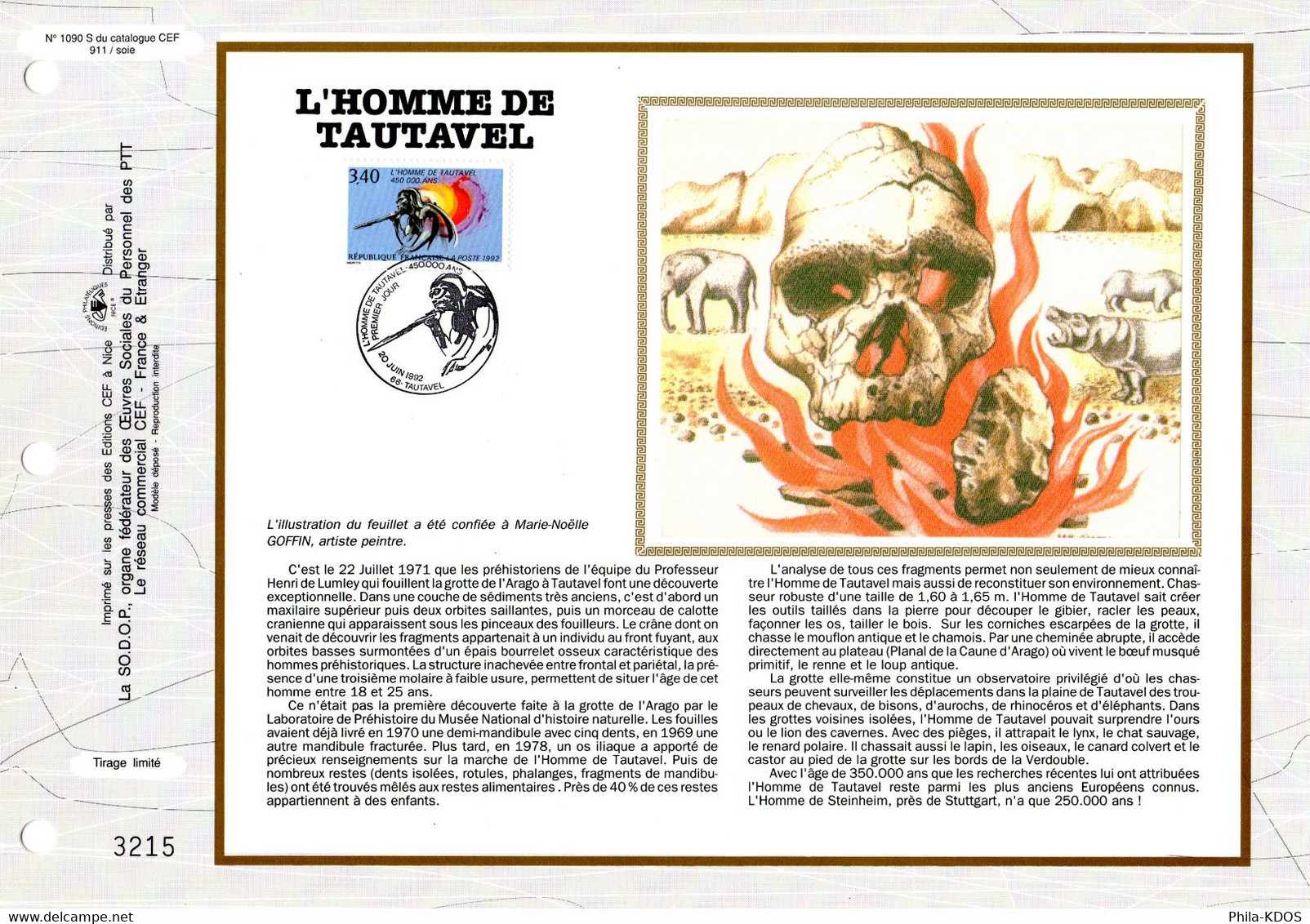 &#9989; " L'HOMME DE TAUTAVEL " Sur Feuillet CEF Sur Soie De 1992 N° YT 2759 FDC - Prehistorie