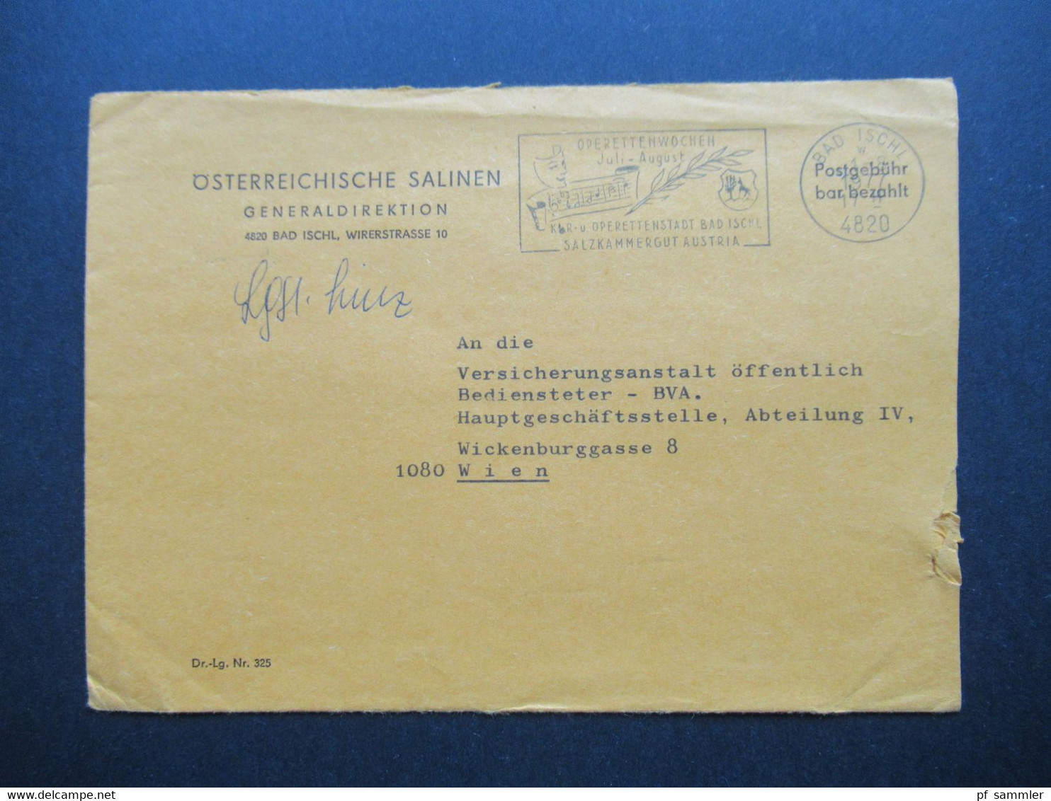 Österreich 1977 Postgebühr Bar Bezahlt Umschlag Österreichische Salinen Generaldirektion Bad Ischl Stp. Operettenwochen - Cartas & Documentos