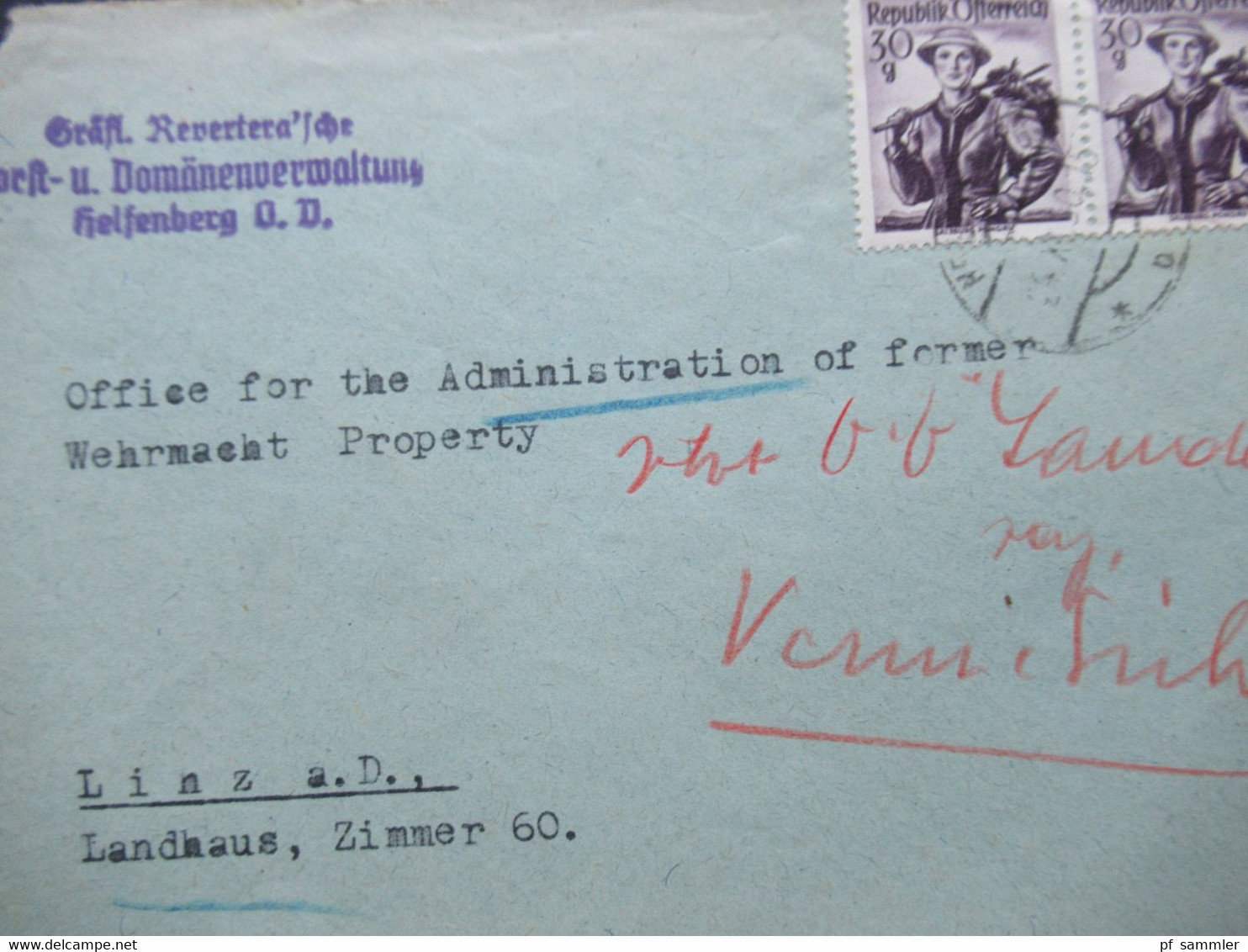 Österreich 1950 Trachten Nr. 900 (2) MeF An: Office For The Administration Of Former Wehrmacht Property In Linz - Brieven En Documenten