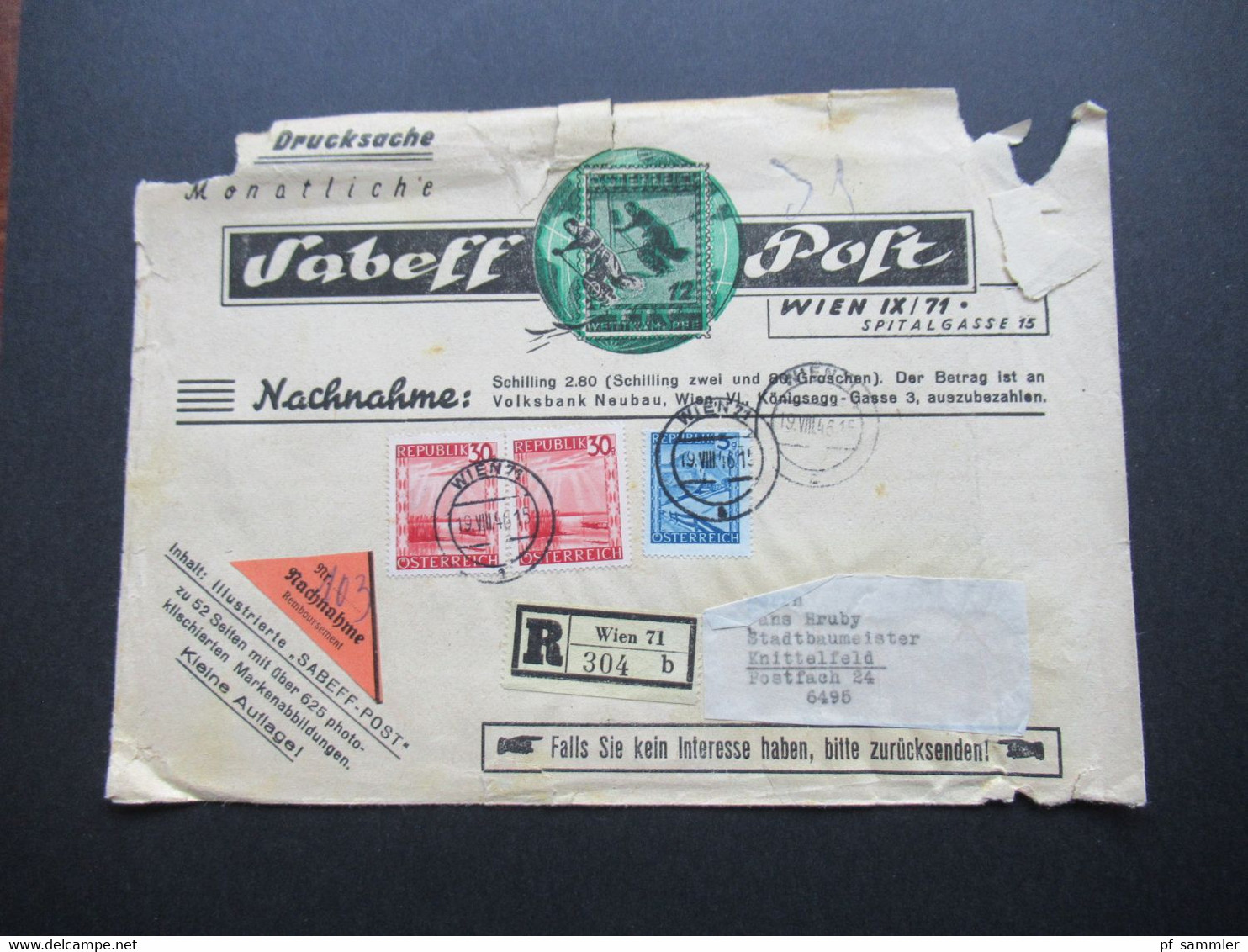 Österreich 1946 Drucksache Sabeff Post Einschreiben Wien 71 Nachnahme Frankiert Mit Landschaften Nr. 738 Und 753 (2) - Cartas & Documentos