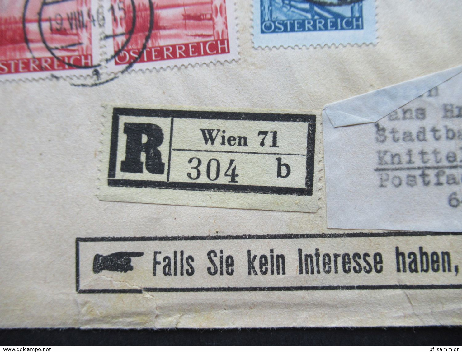 Österreich 1946 Drucksache Sabeff Post Einschreiben Wien 71 Nachnahme frankiert mit Landschaften Nr. 738 und 753 (2)