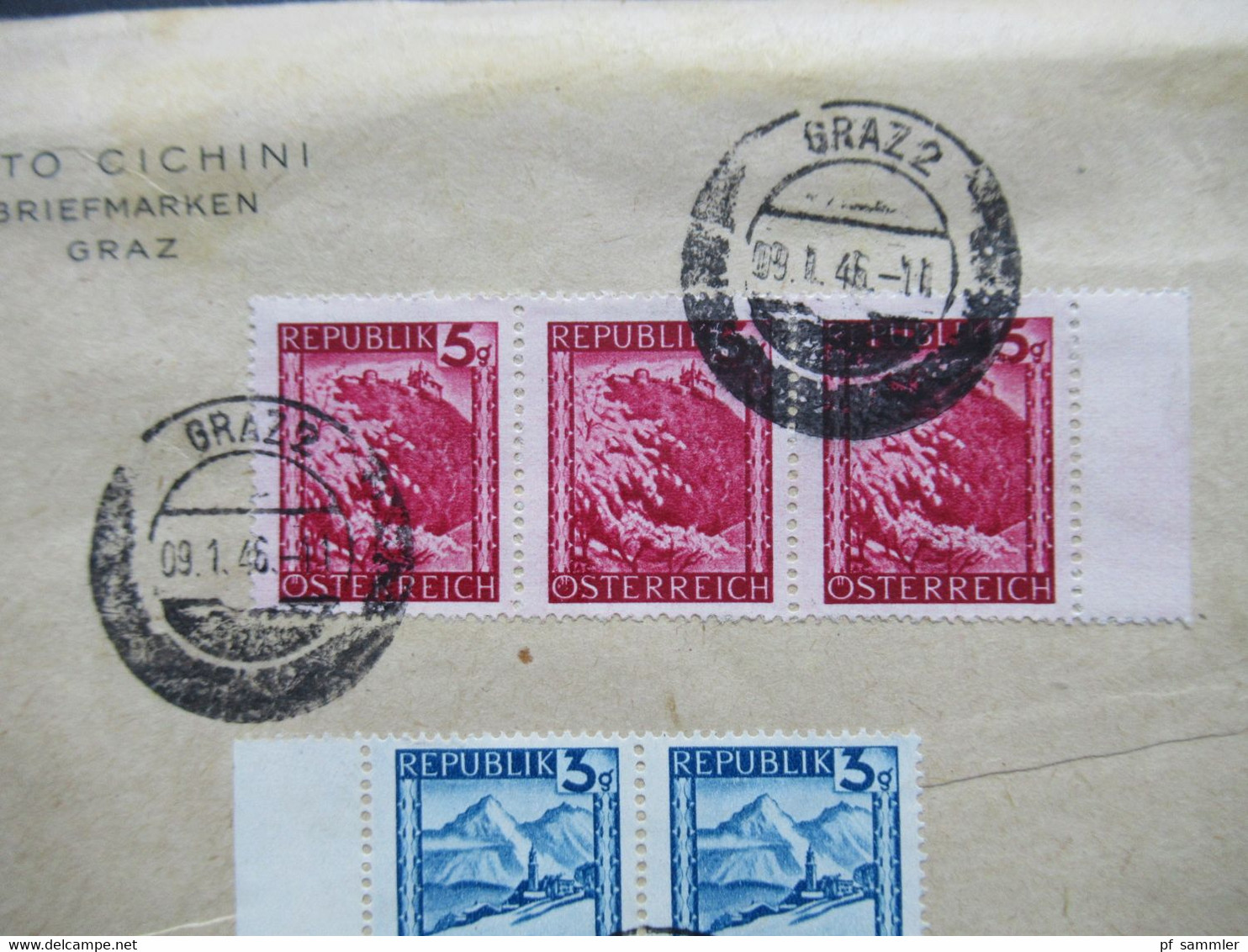 9.1.1946 Landschaften Nr. 738 (3) Und 739 (3) Randstücke Aptierter Stempel Graz 2 Umschlag Otto Cichini Briefmarken - Briefe U. Dokumente