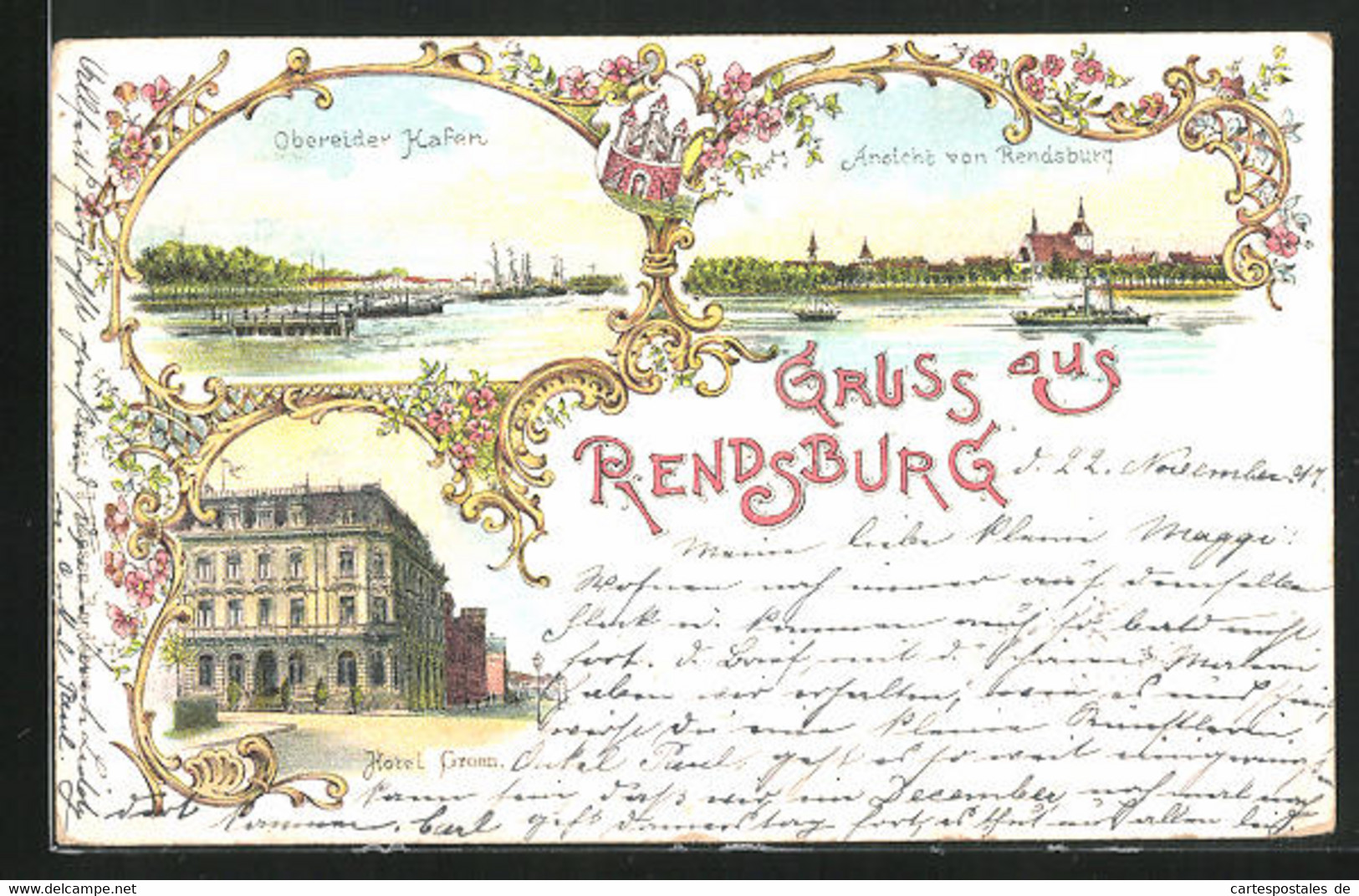 Lithographie Rendsburg, Hotel Green, Obereider Hafen, Teilansicht Mit Dampfer - Rendsburg