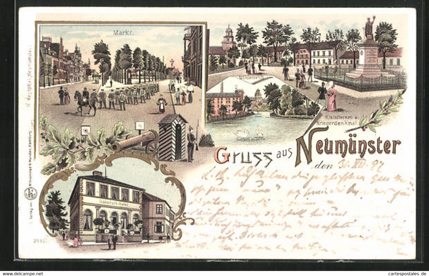 Lithographie Neumünster, Bahnhofs-Hotel, Kleinflecken Mit Kriegerdenkmal, Mühlenteich - Neumuenster