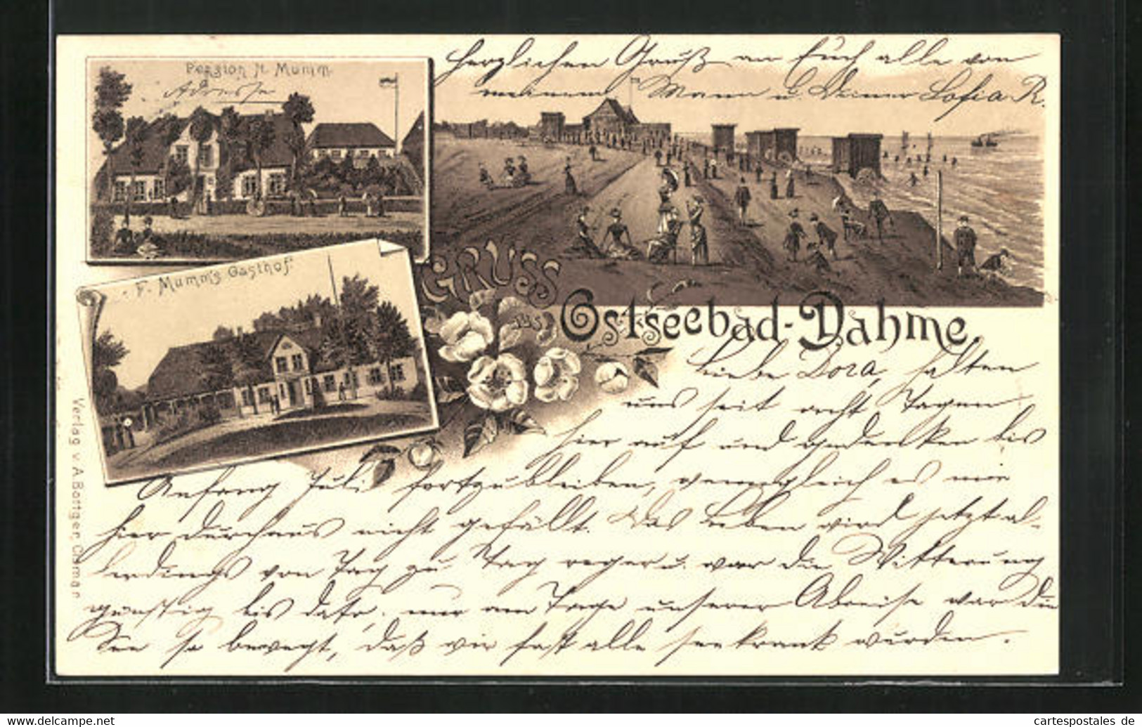 Lithographie Dahme, Pension H. Mumm, F. Mumm`s Gasthof, Strandpartie - Dahme