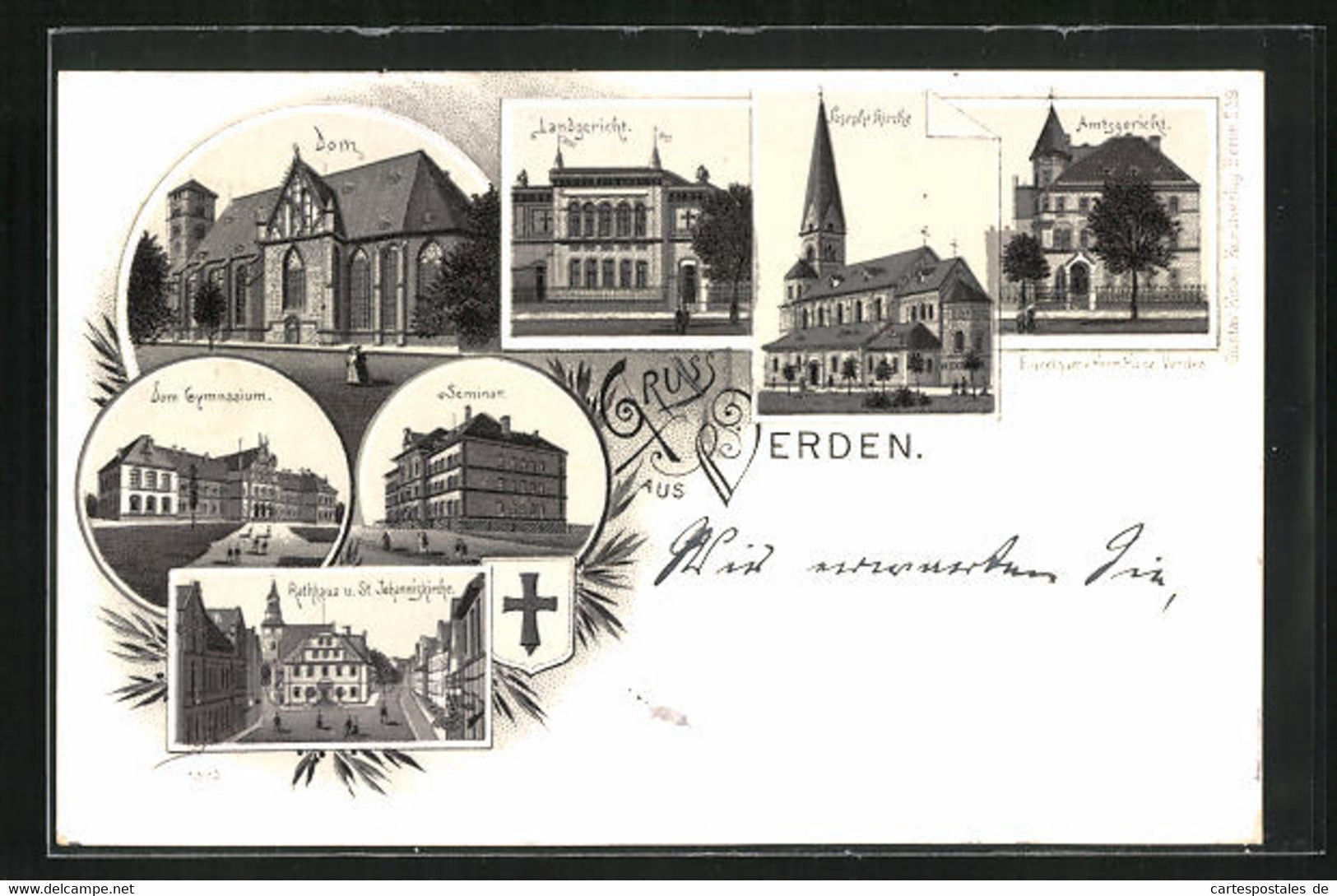 Lithographie Verden, Rathaus Und St. Johanniskirche, Seminar, Landgericht - Verden
