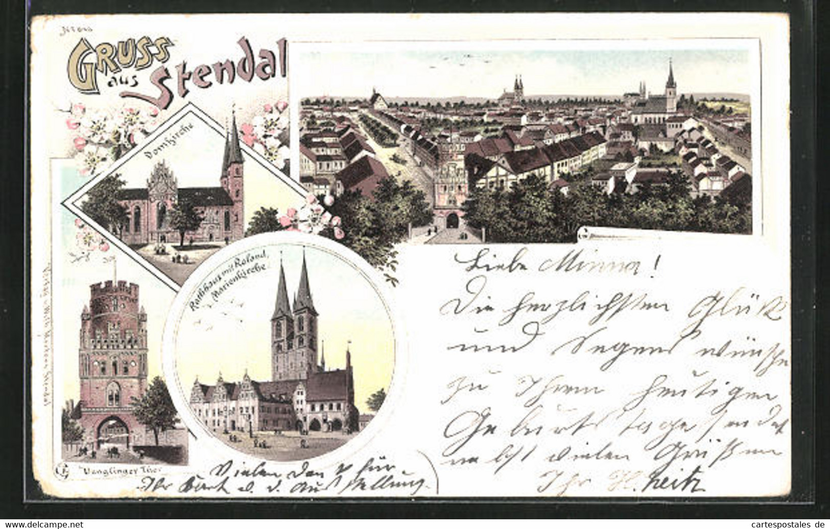 Lithographie Stendal, Denglinger Tor, Rathaus Mit Roland Marienkirche, Domkirche - Stendal