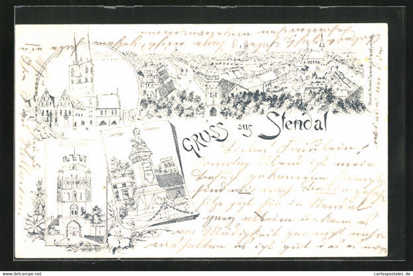 Lithographie Stendal, Rathaus Mit Roland Und St. Marienkirche, Ünglinger Tor, Nachtigal-Denkmal - Stendal