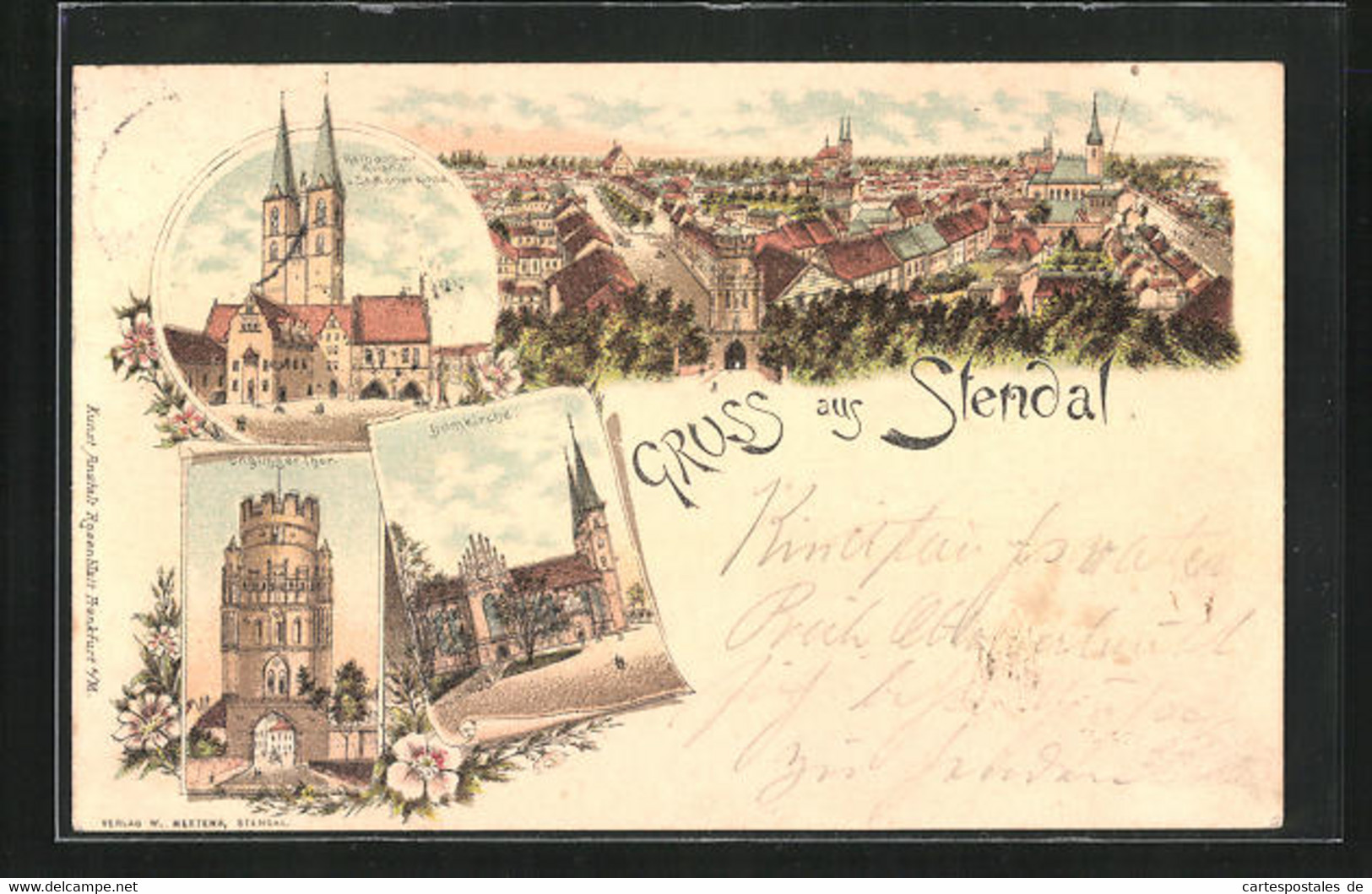 Lithographie Stendal, Rathaus Mit Roland Und St. Marienkirche, Ünglinger Tor, Domkirche - Stendal