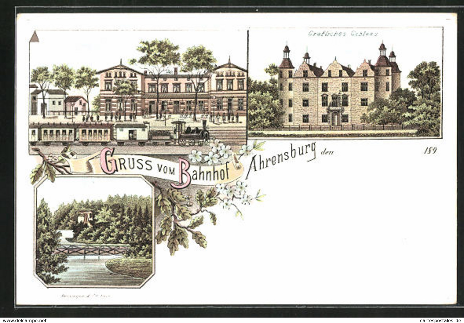 Lithographie Ahrensburg, Bahnhof Mit Zug, Gräfliches Schloss - Ahrensburg