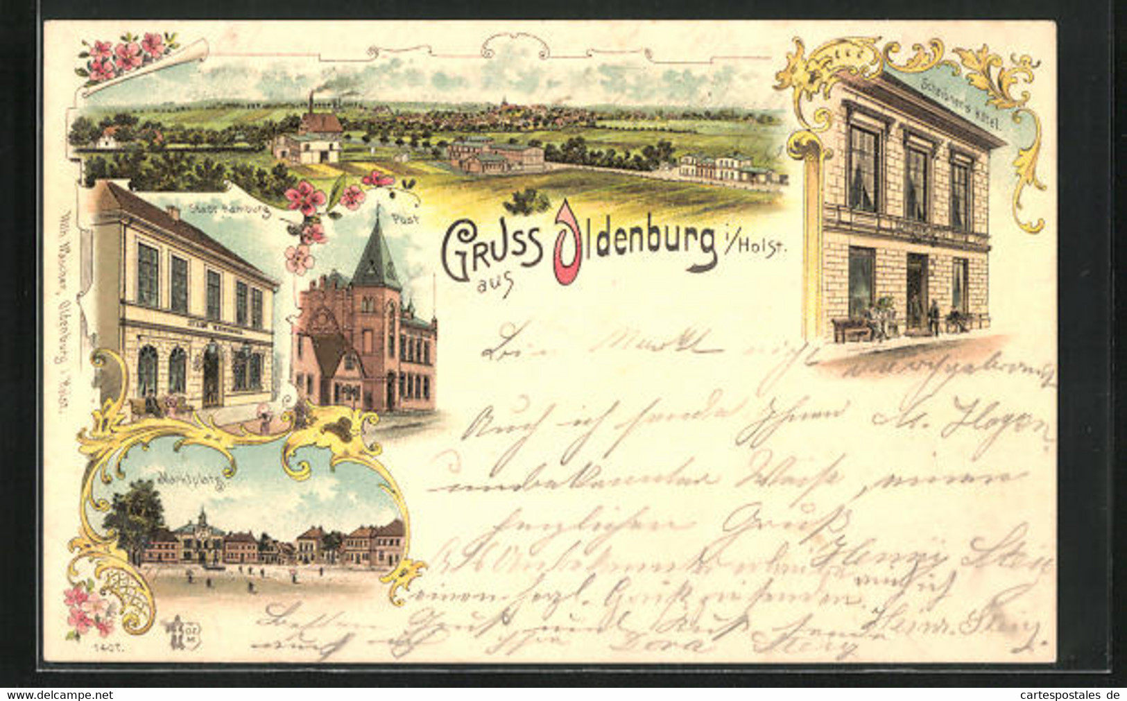 Lithographie Oldenburg / Holst., Scheibner`s Hotel, Hotel Stadt Hamburg - Oldenburg (Holstein)