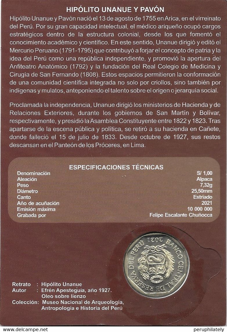 PERU 2021 , BICENTENARY , HIPOLITO UNANUE , COIN ON CARD , MINT - Peru