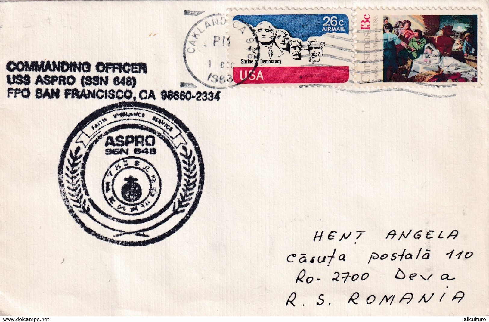 A8129- US NAVY ASPRO STAMP, COMMANDING OFFICER SAN FRANCISCO, OAKLAND 1983 USA AIRMAIL STAMPS, SENT TO DEVA ROMANIA - Brieven En Documenten