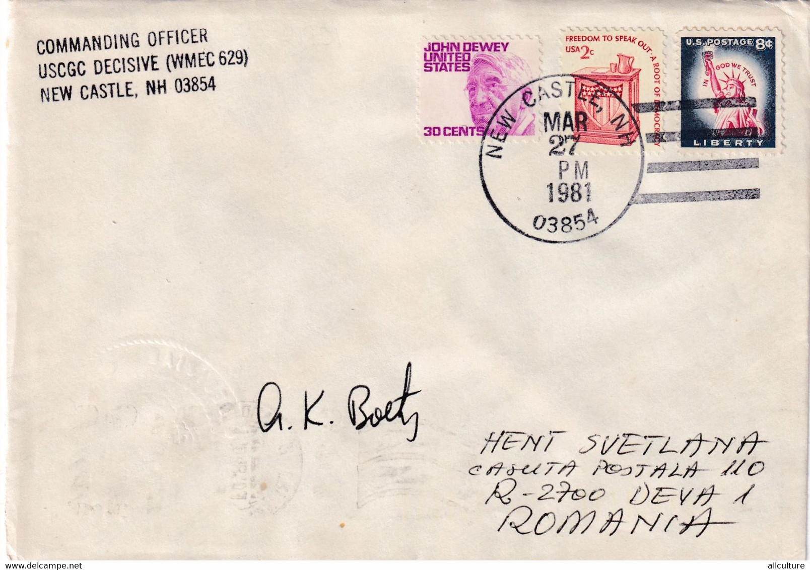 A8150- LETTER FROM NEW CASTLE 1981 COMMANDING OFFICER, US POSTAGE LIBERTY STAMPS, SENT TO DEVA ROMANIA - Briefe U. Dokumente