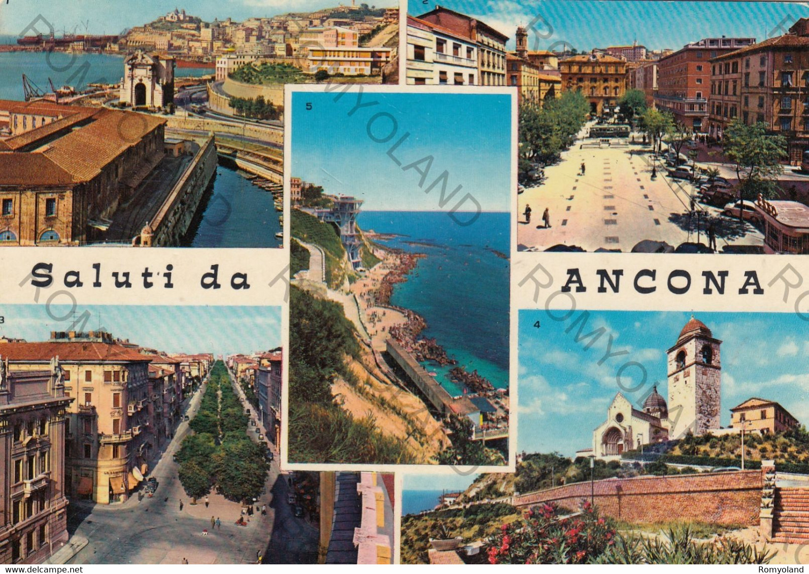 CARTOLINA  SALUTI DA ANCONA, MARCHE,PANORAMA,PIAZZA ROMA,CATTEDRALE,BAGNI DEL PASSETTO,STORIA,VIAGGIATA 1977 - Ancona