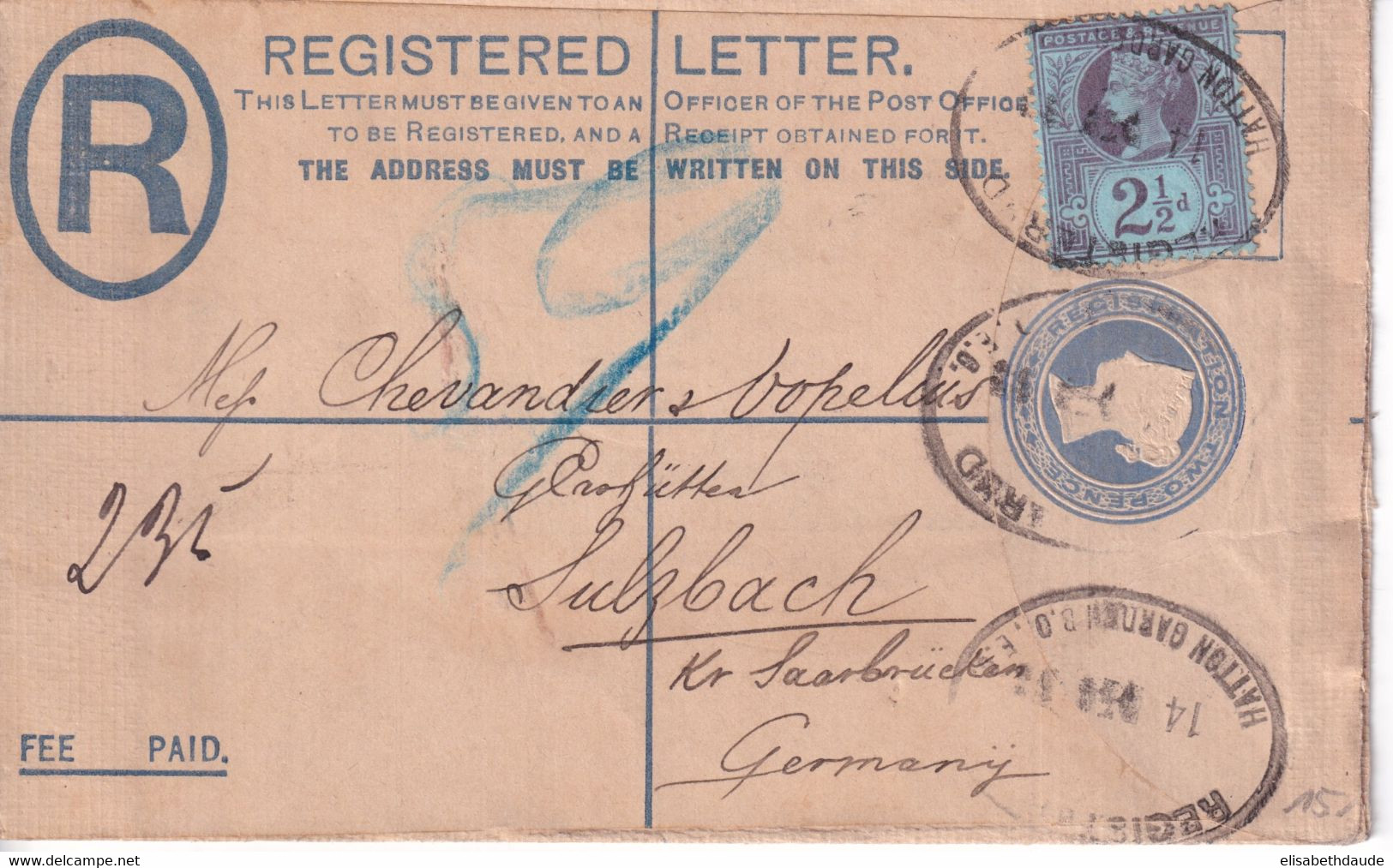 1898 - GB - ENVELOPPE ENTIER RECOMMANDEE De LONDON => SULZBACH (GERMANY) - Lettres & Documents