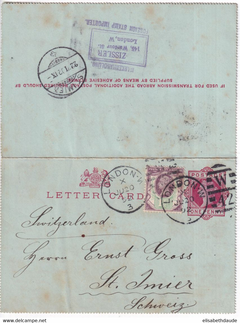 1892 - GB - CARTE-LETTRE ENTIER => ST IMIER (SUISSE) - Storia Postale