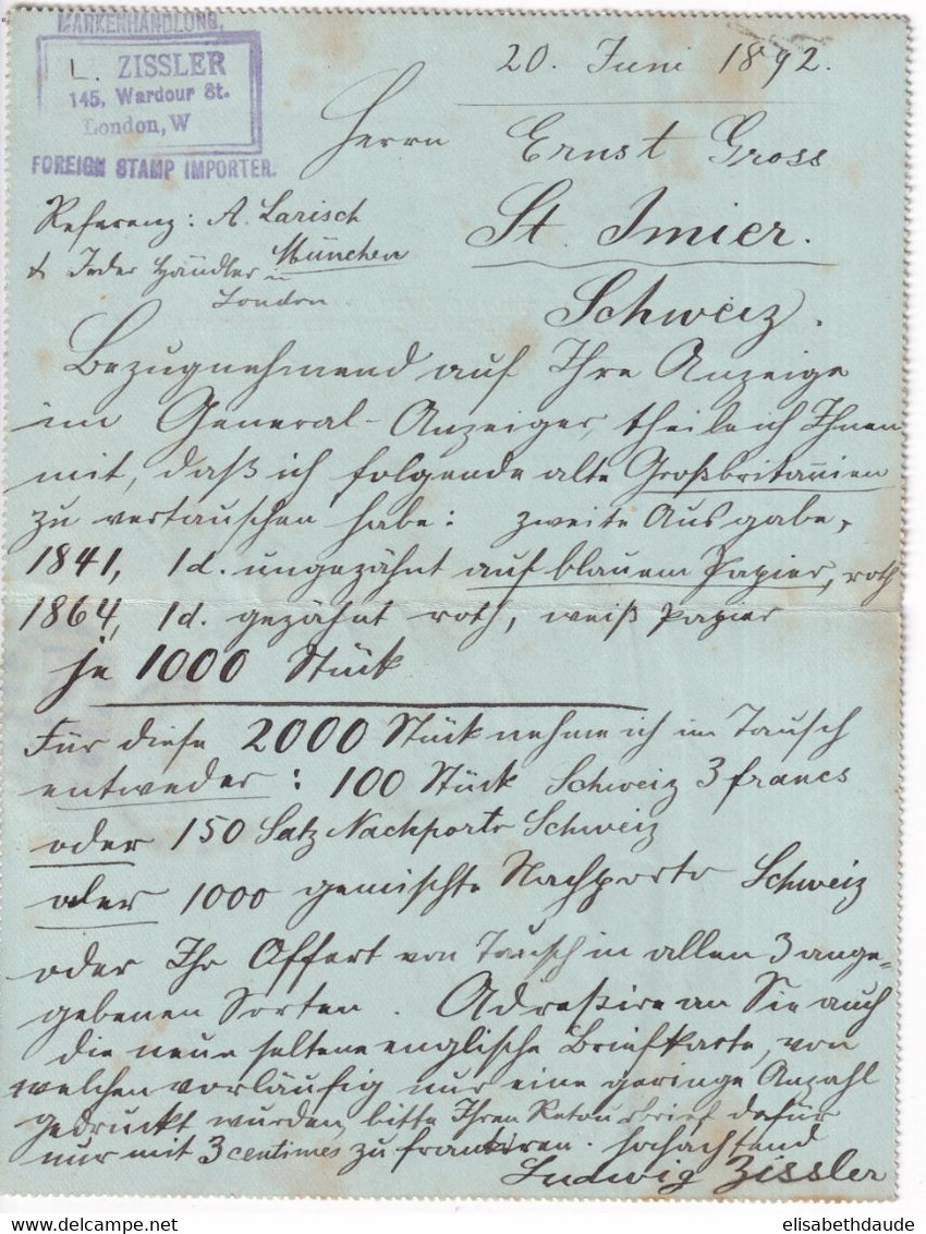 1892 - GB - CARTE-LETTRE ENTIER => ST IMIER (SUISSE) - Cartas & Documentos