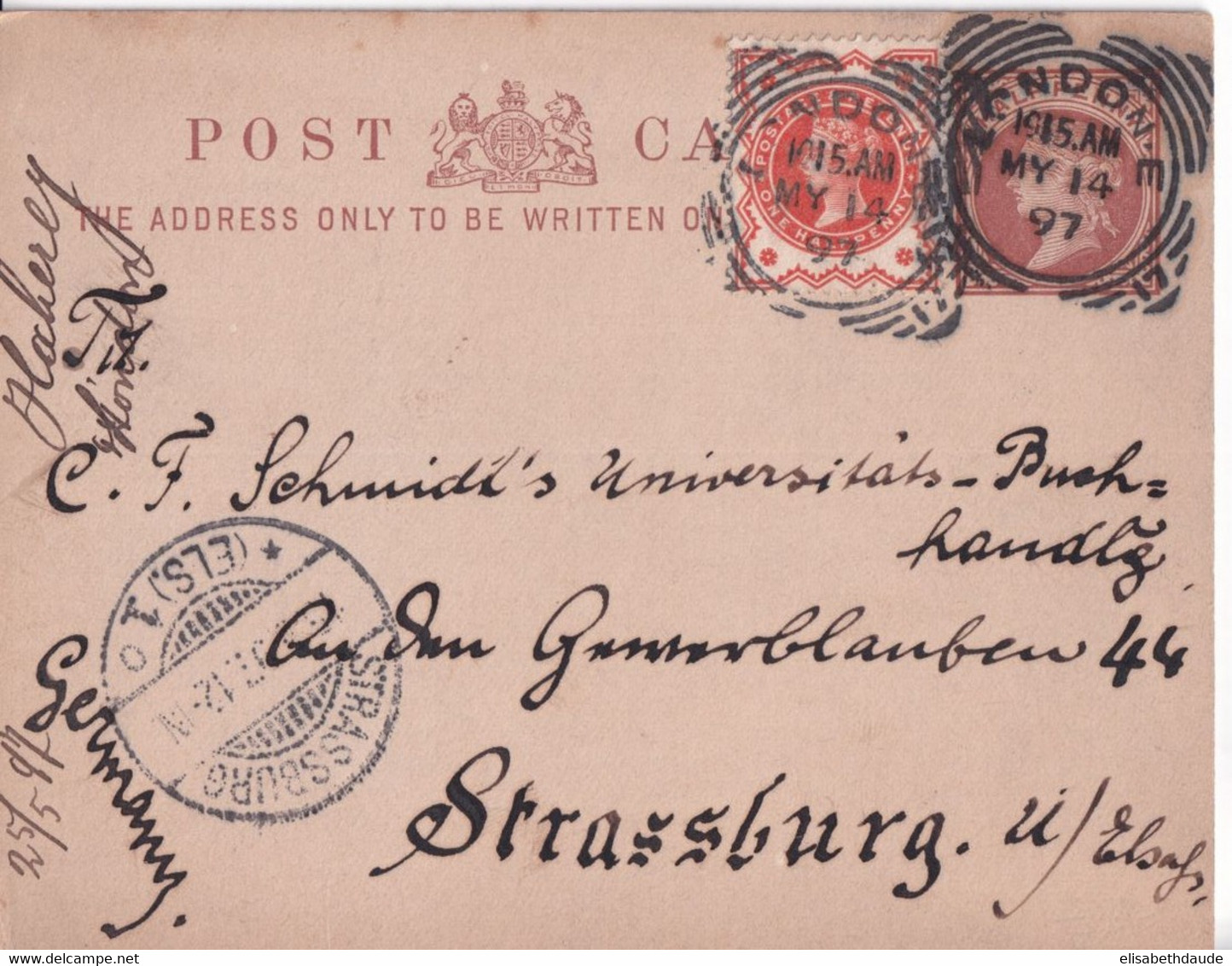 1897 - GB - CARTE ENTIER De LONDON => STRASBOURG (ALSACE ALLEMANDE) - Covers & Documents