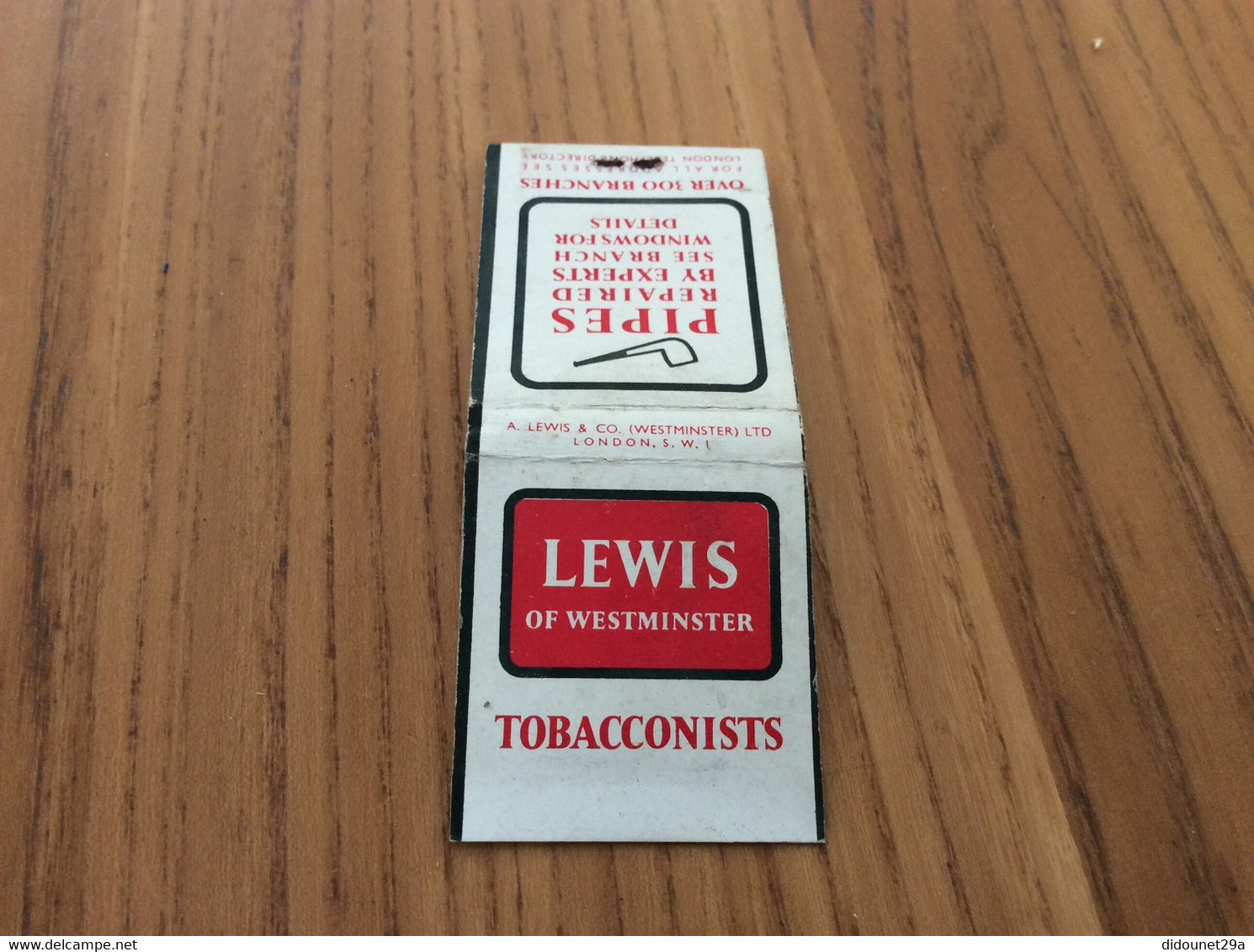 Pochette D'allumettes Angleterre «LEWIS OF WESTMINSTER TOBACCONISTS - PIPES (pipe)» (écritures Sur Allumettes) - Matchboxes