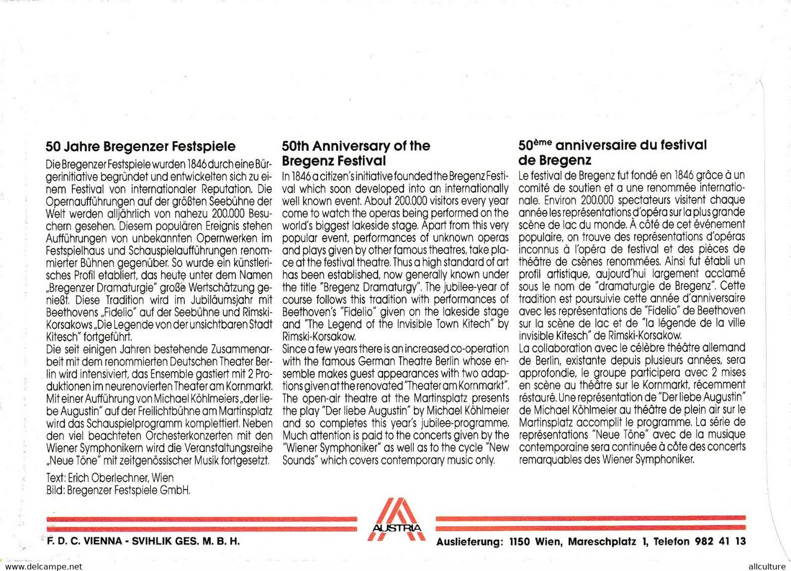 A8201- 50TH ANNIVERSARY OF THE BREGENZ FESTIVAL 1995  REPUBLIC OESTERREICH USED STAMP ON COVER AUSTRIA - Cartas & Documentos