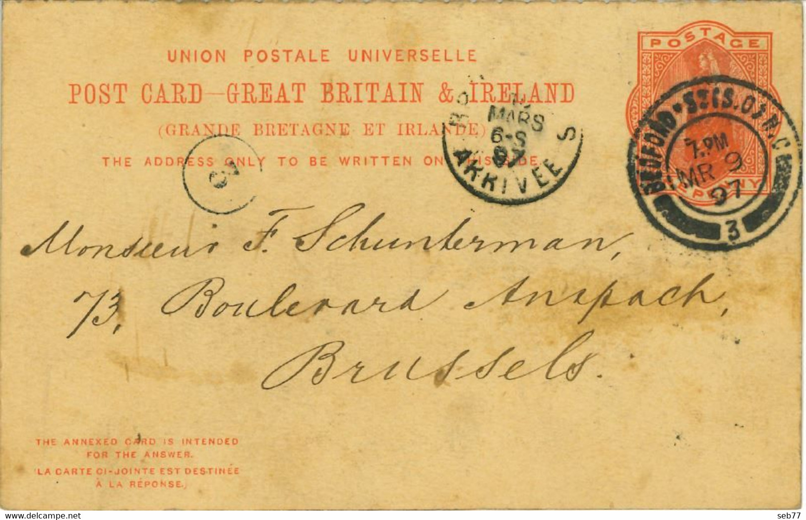 Post Card Great Britain & Ireland (1897) : With Annexed Card Intended For The Answer - To Brussels - Bedford