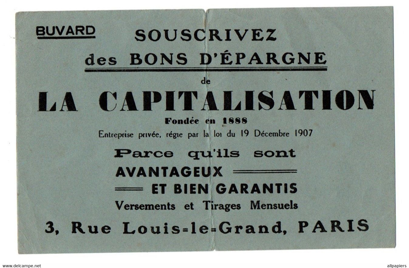 Buvard Souscrivez Des Bons D'épargne De La Capitalisation à Paris - Format : 21x13.5 cm - Banque & Assurance