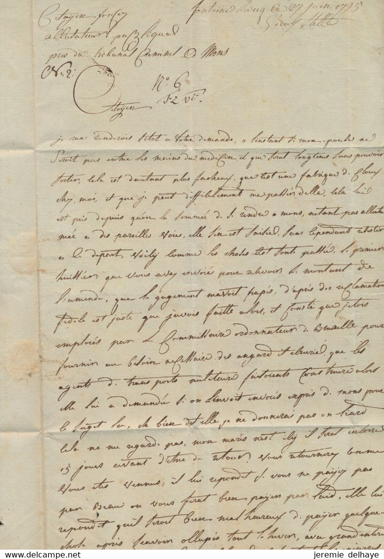 Précurseur - LAC Datée De Fontaine Levecq 27/6/1795 (Vieux Ville) + Obl Linéaire FONTAINE (n°4) > Mons - 1794-1814 (Periodo Frances)