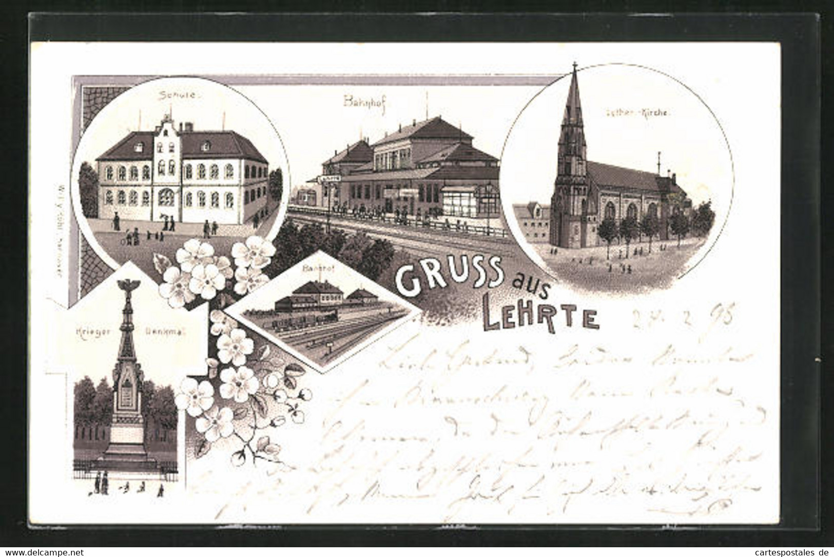 Lithographie Lehrte, Bahnhof, Schule, Luther-Kirche - Lehrte