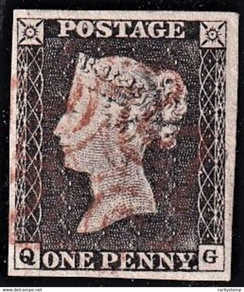 GRAN BRETAGNA 1p Nero PENNY BLACK LETT. Q-G  LIGHT RED MALTESE CROSS VFU 4 FULL LARGE MARGINS SUPERB STAMP CERTIFICATO - Usados