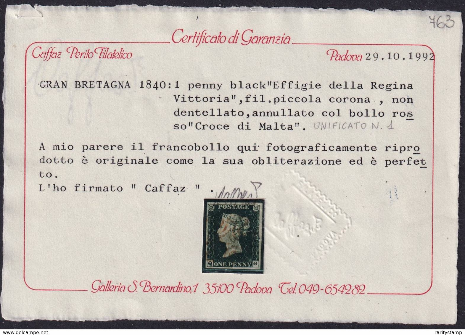 GRAN BRETAGNA 1p Nero PENNY BLACK LETT. Q-G  LIGHT RED MALTESE CROSS VFU 4 FULL LARGE MARGINS SUPERB STAMP CERTIFICATO - Usados