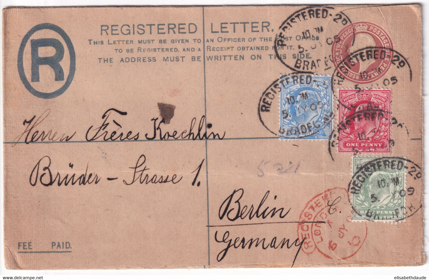 GB - 1905 - BEL AFFRANCHISSEMENT TRICOLORE Sur ENVELOPPE ENTIER RECOMMANDEE De BRADFORD => BERLIN - Storia Postale