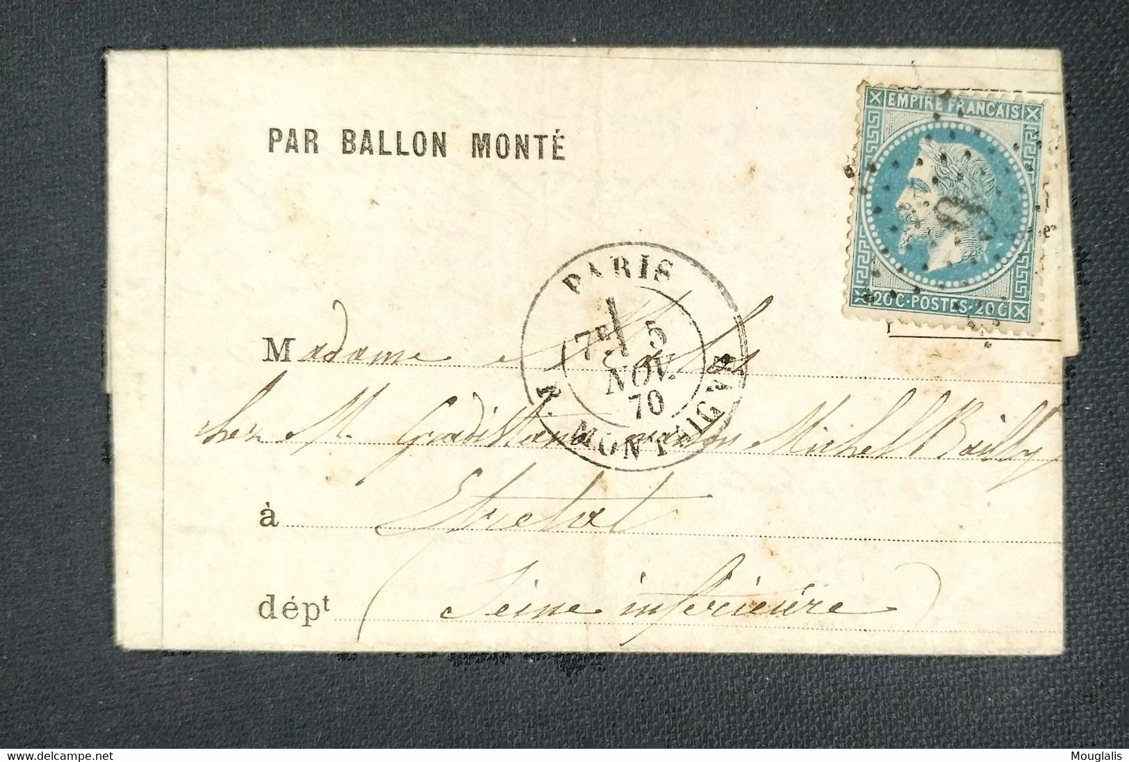 TB Lettre 5 novembre 1870 par ballon monté pour Étretat arrivé le 9/11  La ville de Châteaudun dentelé bleu n°29