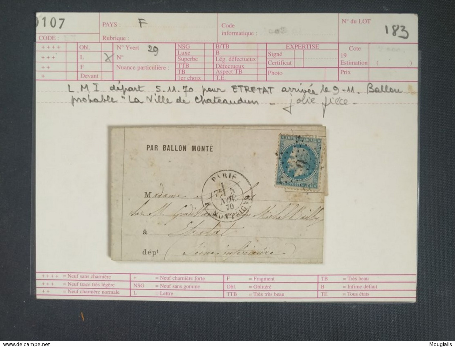 TB Lettre 5 novembre 1870 par ballon monté pour Étretat arrivé le 9/11  La ville de Châteaudun dentelé bleu n°29