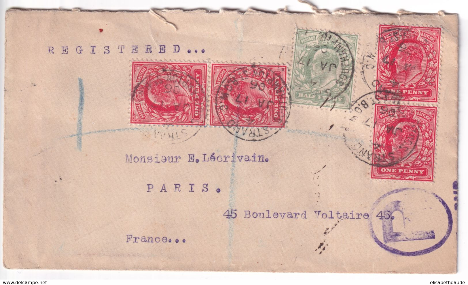 GB - 1906 - EDWARD VII - ENVELOPPE RECOMMANDEE (STANLEY GIBBONS) De LONDON STRAND SOUTHAMPTON => PARIS - Cartas & Documentos