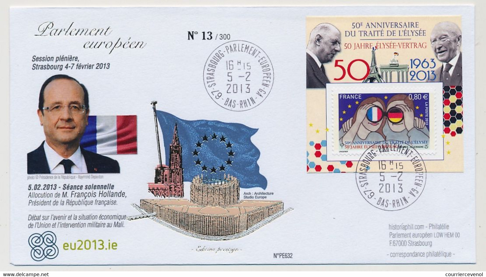 FRANCE - Vignette Porte Timbre 0,80 - 50eme Anniversaire Traité De L'Elysée - Obl Strasbourg Parlement Eur GA 5/2/2013 - Covers & Documents