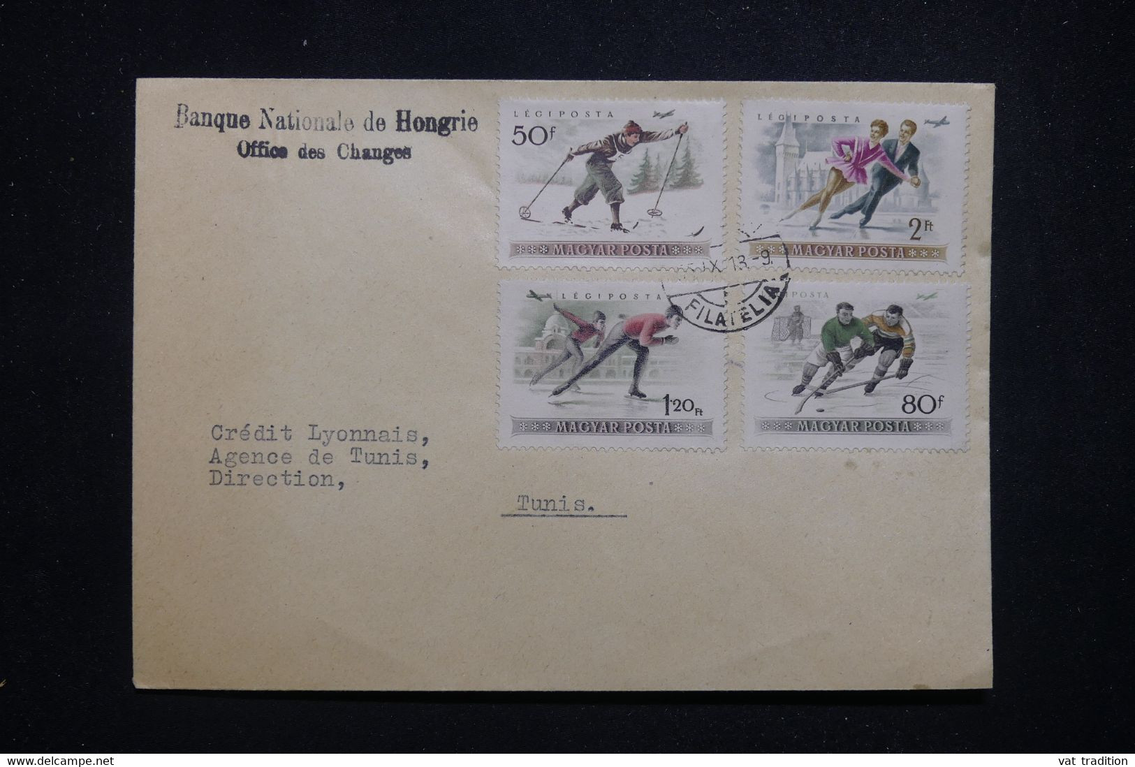 HONGRIE - Enveloppe Commerciale Pour Tunis En 1955, Affranchissement PA ( Sports D'Hiver )  - L 99571 - Briefe U. Dokumente