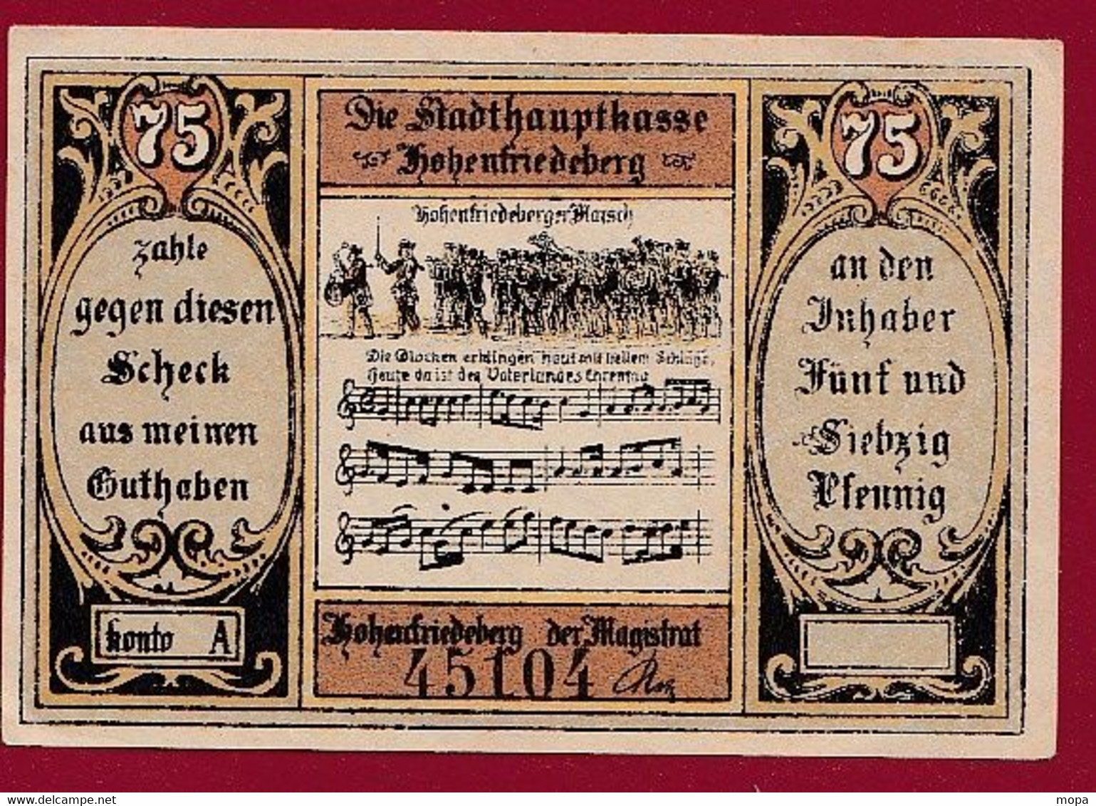 Allemagne 1 Notgeld  De 75 Pf Stadt  Hohenfriedeberg  (RARE) Dans L 'état   Lot N °225 - Collections