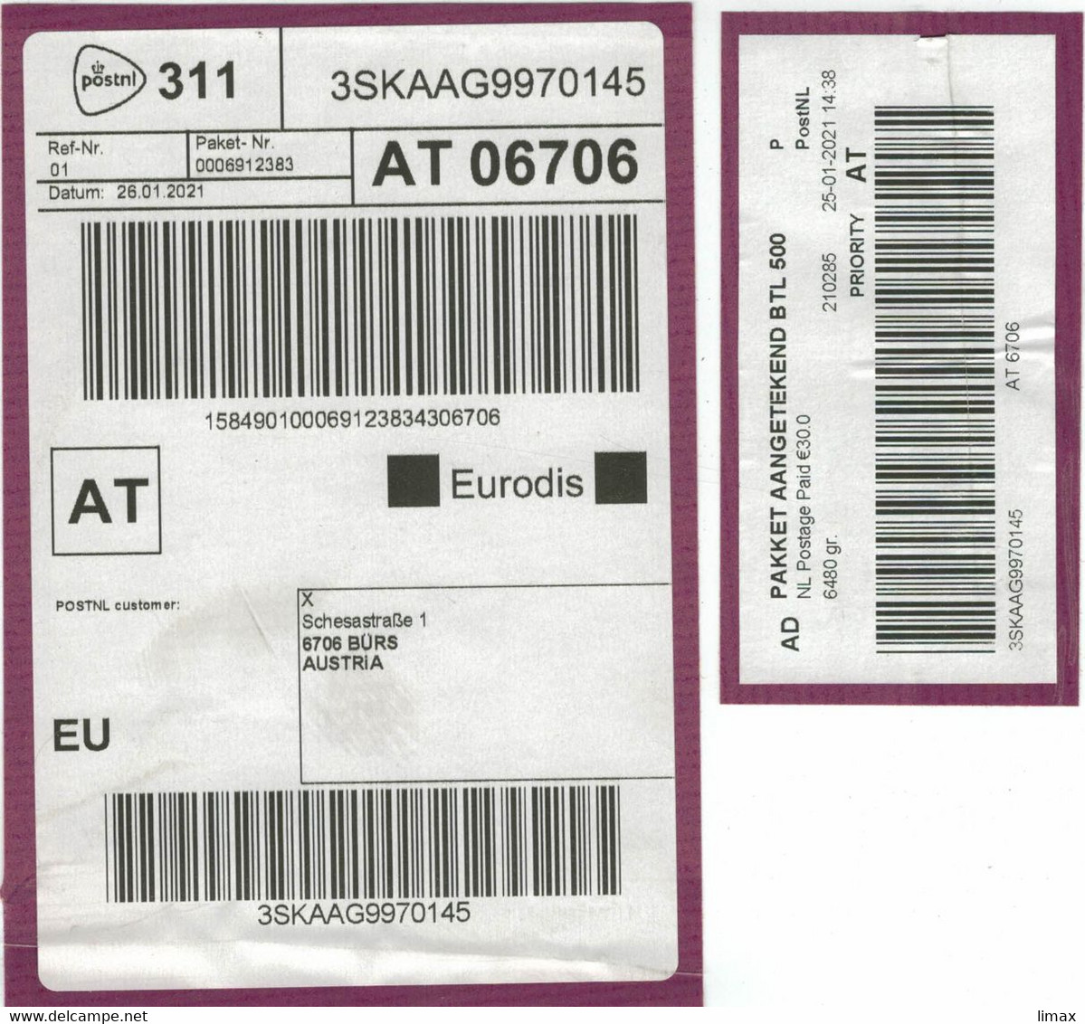 Paketaufkleber Eurodis 30€ > AT6706 Post-NL - Brieven En Documenten