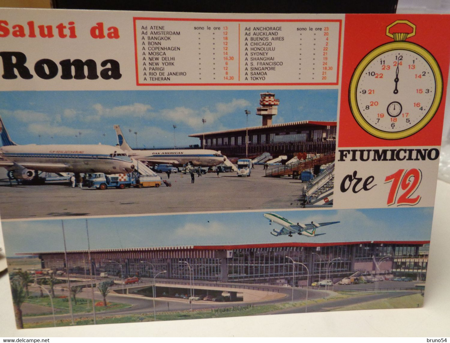 Cartolina Saluti Da Roma Fiumicino Ore 12 , Tabella Delle Destinazioni , Aere KLM E Alitalia - Transports
